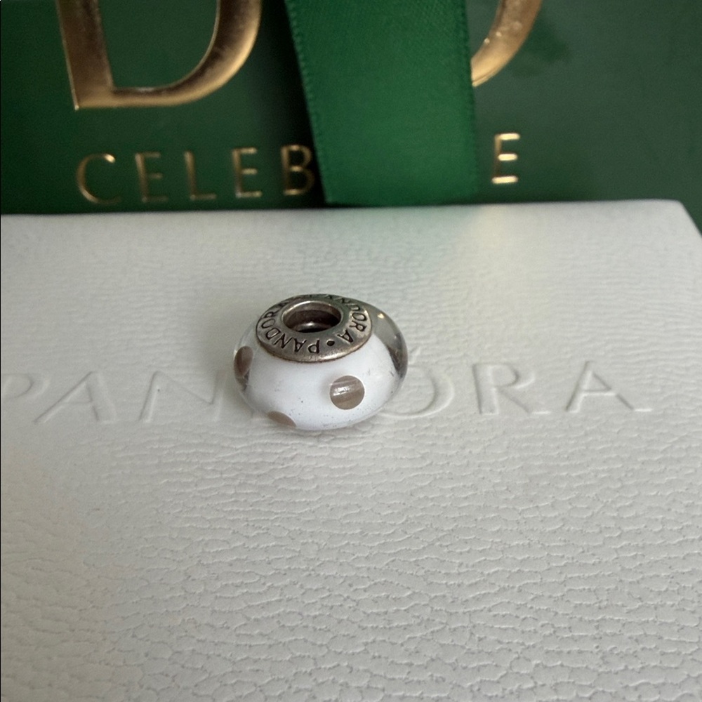 Pandora Silver Khaki And White Polka Dot Murano Charm RARE VINTAGE RETIRED